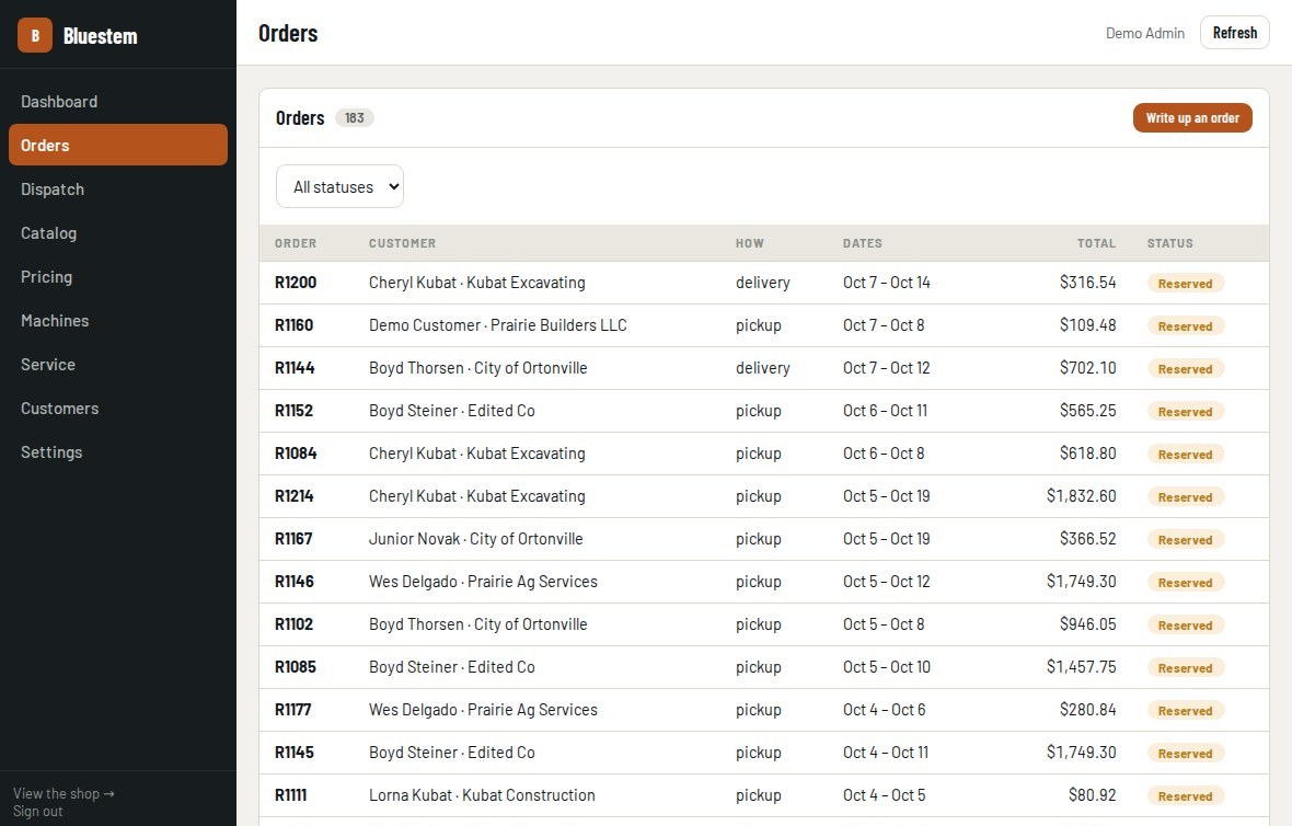 The orders list in the back office