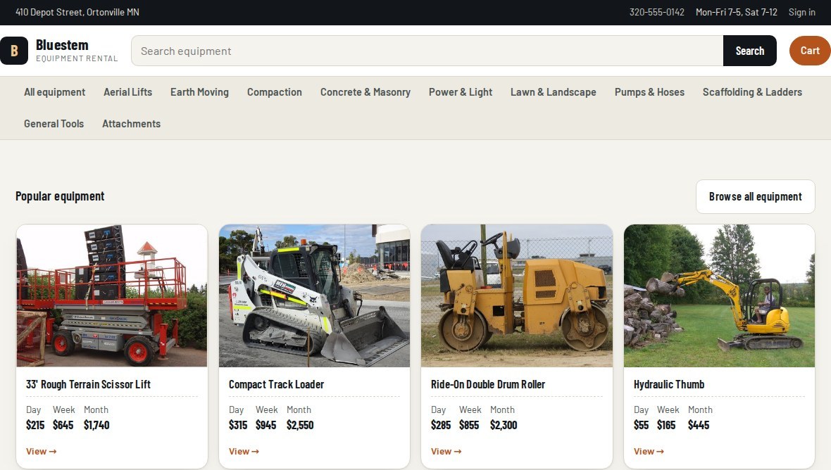 The rental storefront home page showing equipment with daily, weekly and monthly rates